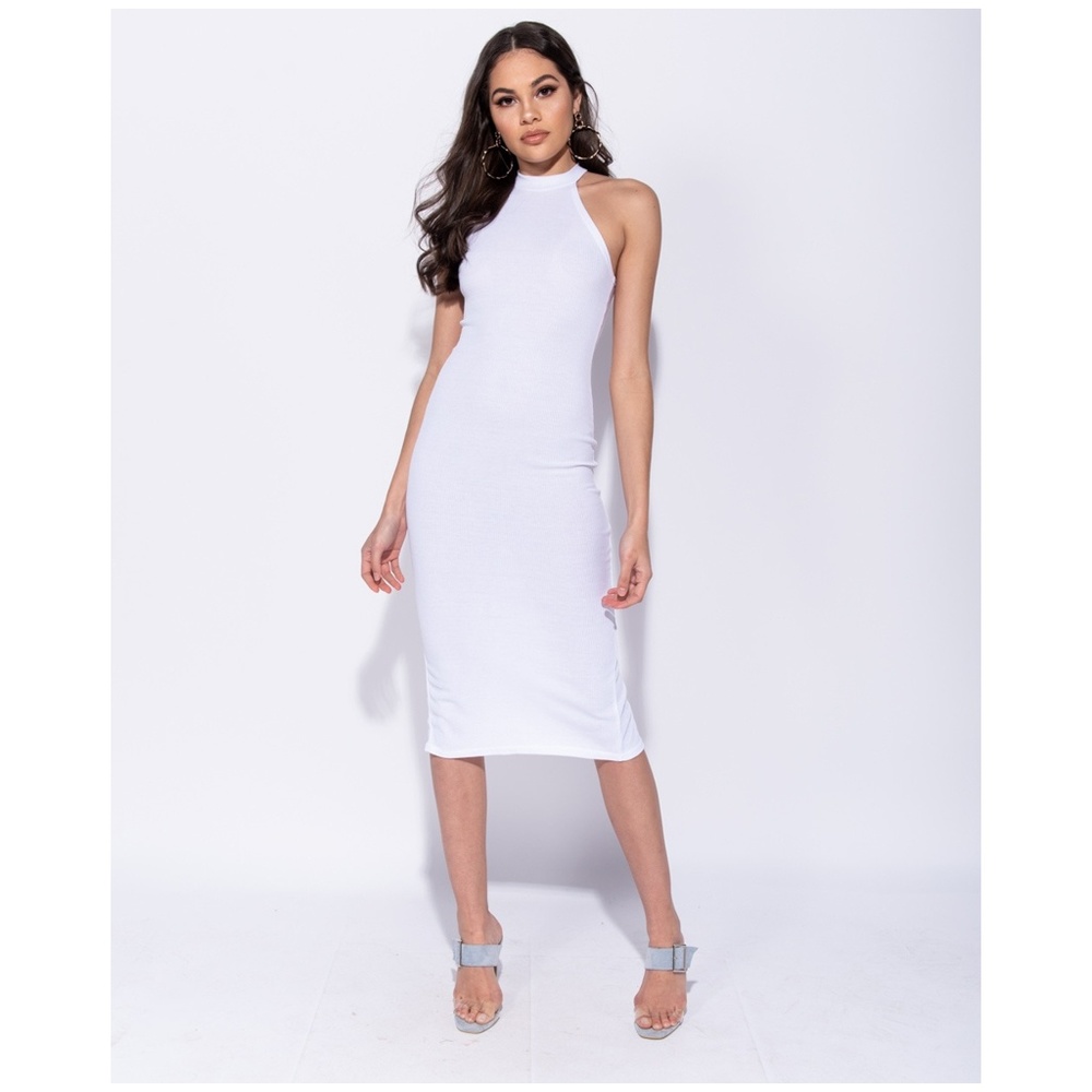 White High Neck Bodycon Midi Dress